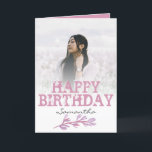 Pretty Modern Pink Photo Watercolor Birthday Card<br><div class="desc">Simple and elegant this birthday card has  pretty pink typography with a watercolor foliage motif. Easy to personalize with your photo on the front and editable text inside.</div>