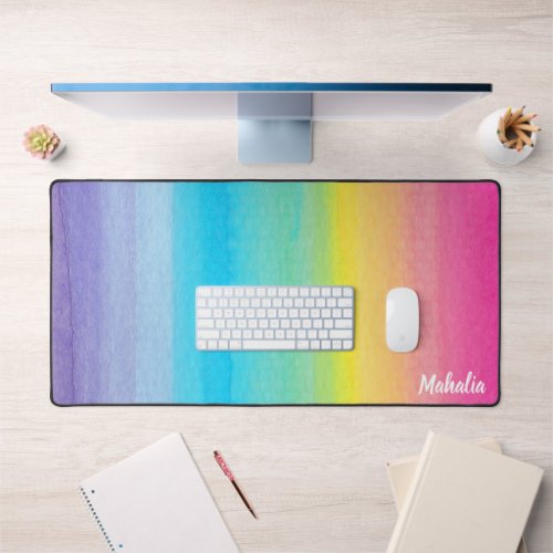 Pretty Modern Pink Watercolor Rainbow Name  Desk Mat