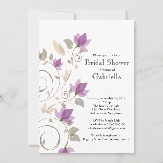 Pretty Modern Purple Floral Vine Bridal Shower Invitation (Front)