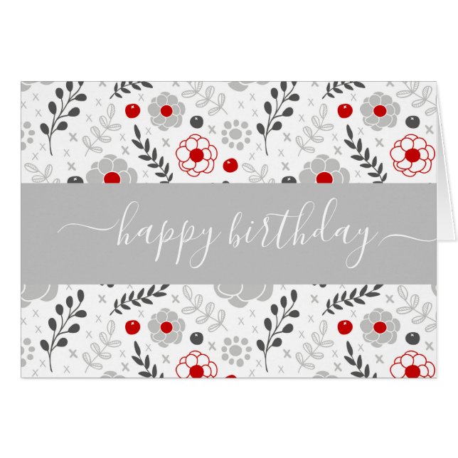 Pretty Modern Red and Gray Flowers Birthday Card (Front Horizontal)