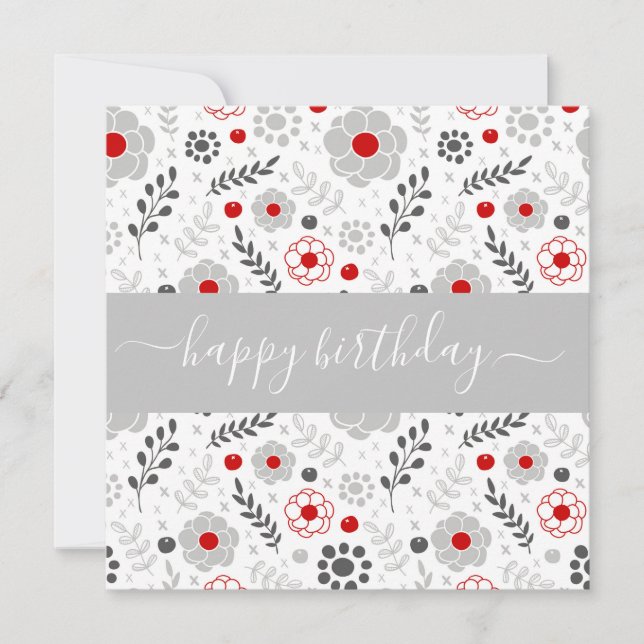 Pretty Modern Red and Gray Flowers Birthday Flat Card (Front)