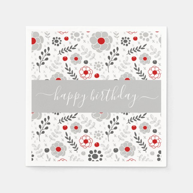 Pretty Modern Red and Gray Flowers Birthday Napkins (Front)