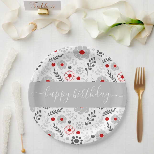 Pretty Modern Red and Gray Flowers Birthday Paper Plates (Wedding)