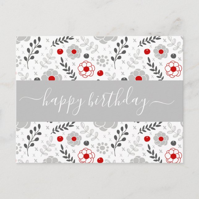 Pretty Modern Red and Gray Flowers Birthday Postcard (Front)