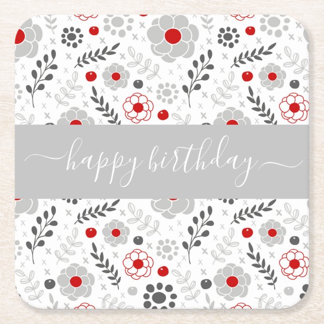 Pretty Modern Red and Gray Flowers Birthday Square Paper Coaster (Front)