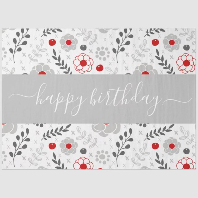 Pretty Modern Red and Gray Flowers Birthday Tissue Paper (Front)