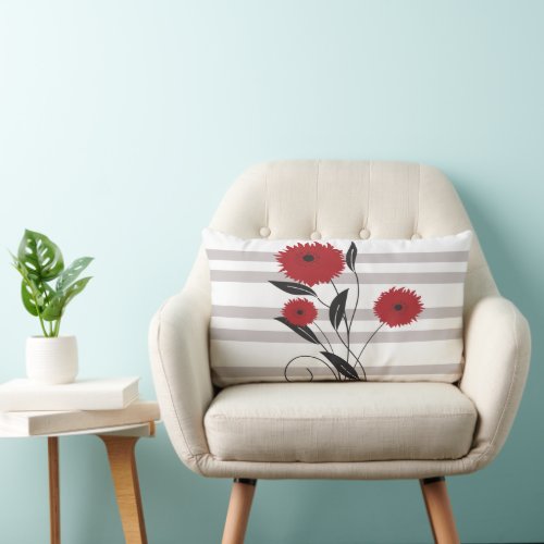 Pretty Modern Red Black and Gray Floral Lumbar Pillow