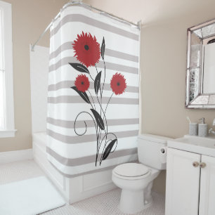 Pretty Modern Red Black and Gray Floral Shower Curtain