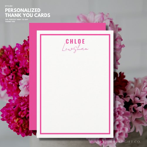Pretty Modern Simple Stylish Pink Border Monogram Note Card