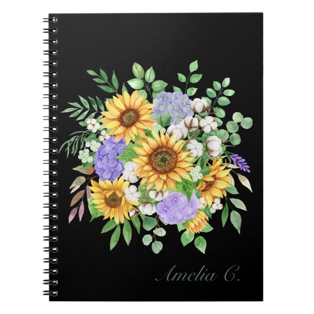 Pretty Modern Sunflower Bouquet Black Notebook (Front)