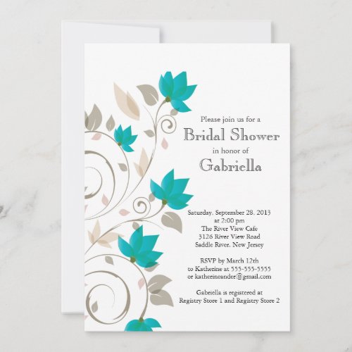 Pretty Modern Turquoise Floral Vine Bridal Shower 5x7 Paper Invitation Card
