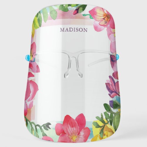 Pretty Modern Watercolor Floral Personalized Name Face Shield