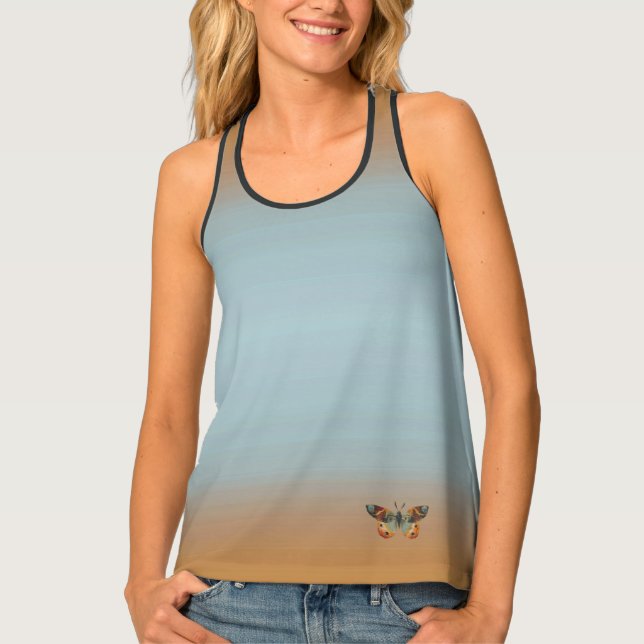Pretty Monarch Butterfly on Blue Fading to Orange Tank Top (Front)