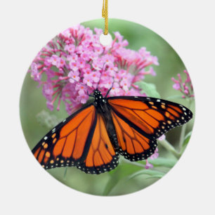 Pretty Monarch Butterfly Pink Floral Photo Ceramic Ornament