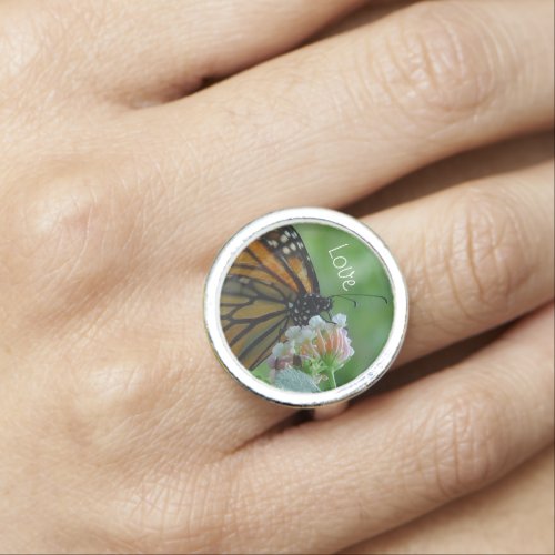 Pretty Monarch Butterfly Pink Flower Ring