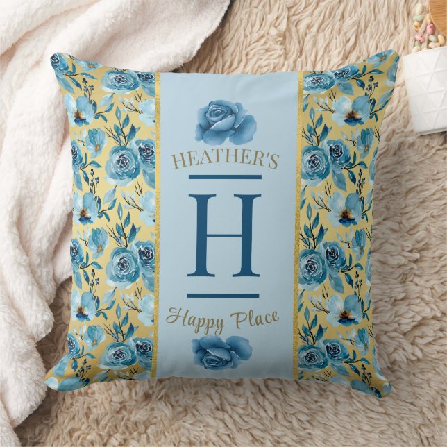 Pretty Monogram Blue Country Floral Happy Place  Throw Pillow (Blanket)