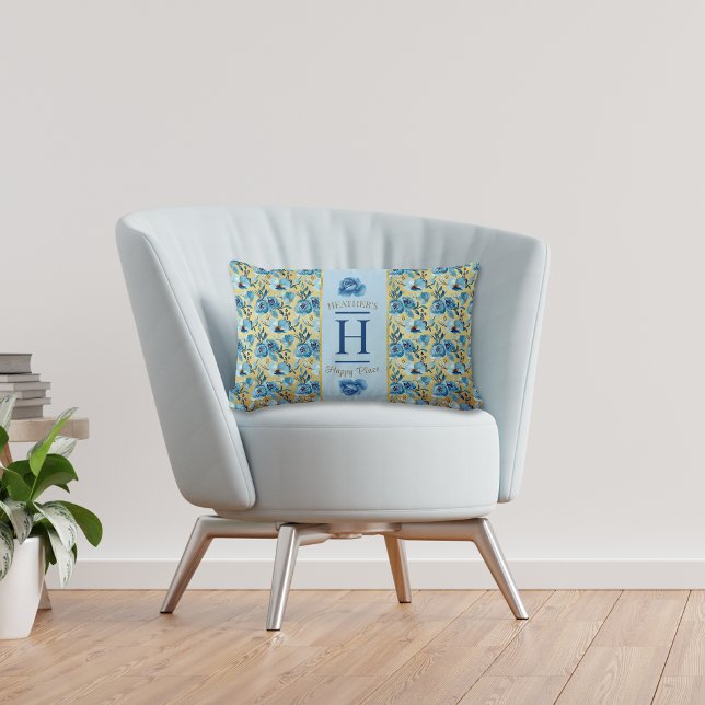 Pretty Monogram Blue Gold Country Rose Happy Place Lumbar Pillow (Creator Uploaded)