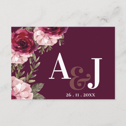 Pretty Monogram Burgundy Blush Pink Floral Wedding Enclosure Card