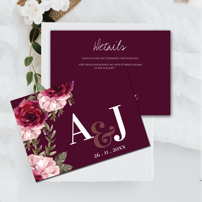 Pretty Monogram Burgundy Blush Pink Floral Wedding Enclosure Card (Pretty Monogram Burgundy Blush Pink Floral Wedding Enclosure Details Card)