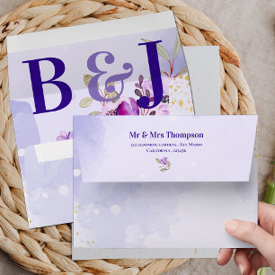 Pretty Monogram Cute Purple Blue Floral Wedding Envelope