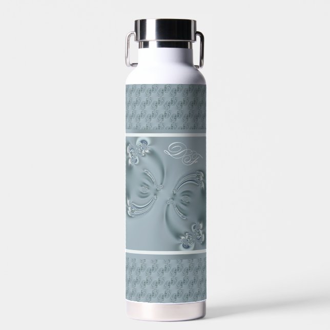 Pretty Monogram Elegant Butterfly Wings Teal Water Bottle (Front)