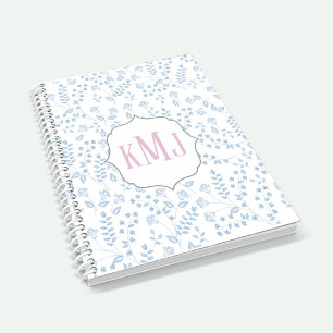 Pretty Monogram Elegant Simple Blue Floral Notebook