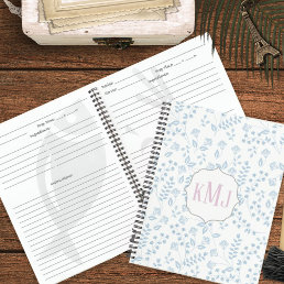 Pretty Monogram Elegant Simple Blue Floral Recipe Notebook