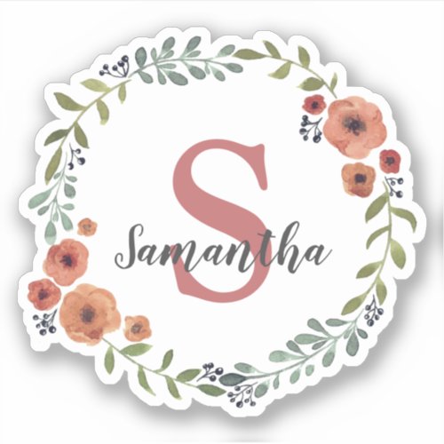 Pretty Monogram Floral wreath personalized Sticker