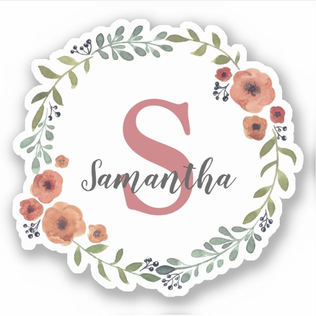 Pretty Monogram Floral wreath personalized Sticker (Front)