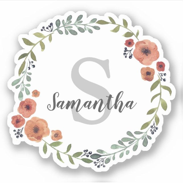 Pretty Monogram Floral wreath personalized Sticker (Front)