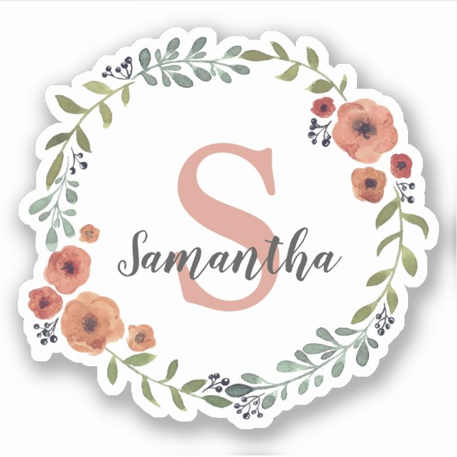 Pretty Monogram Floral wreath personalized Sticker (Front)