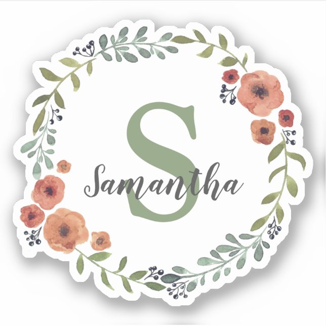 Pretty Monogram Floral wreath personalized Sticker (Front)