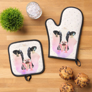 Pretty Monogram Girls Name Pink Cute Holstein Cow Oven Mitt & Pot Holder Set