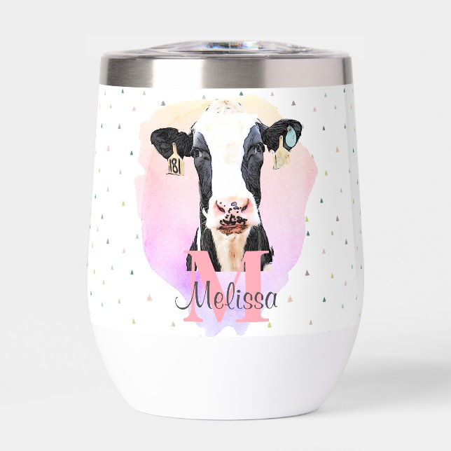 Pretty Monogram Girls Name Pink Cute Holstein Cow Thermal Wine Tumbler (Front)