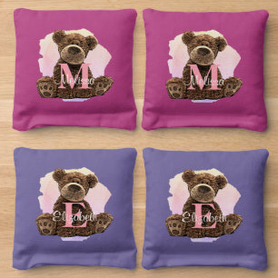 Pretty Monogram Girls Name Pink Teddy Bear Fun Cornhole Bags