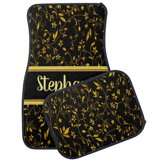 Pretty monogram gold leaves with black design car mat (Set)