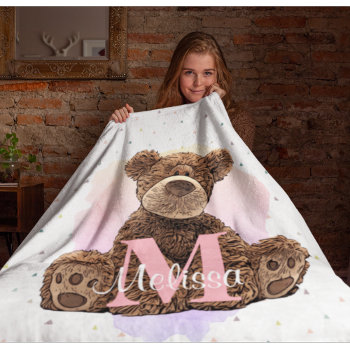 Pretty Monogram Kids Name Pink Teddy Bear  Fleece Blanket by TheShirtBox at Zazzle