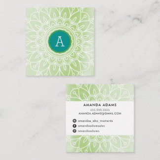 PRETTY MONOGRAM modern boho mandala pattern green Square Business Card