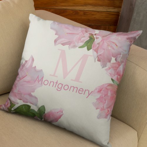 Pretty Monogram Name Pink Floral Ivory Throw Pillow