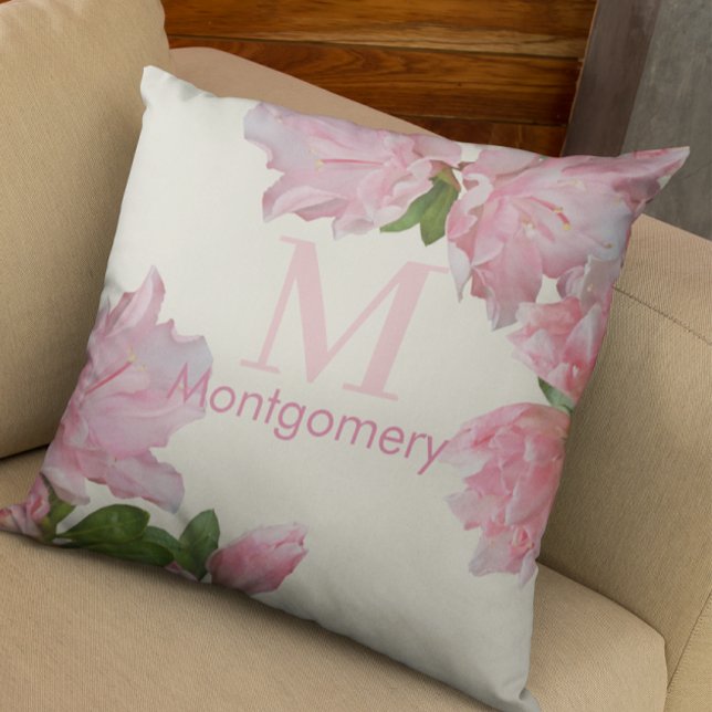 Pretty Monogram Name Pink Floral Ivory Throw Pillow (Creator Uploaded)