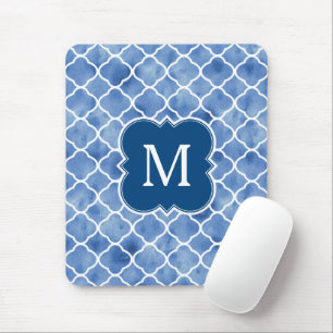 Pretty Monogram Navy Blue Watercolor Pattern Mouse Pad