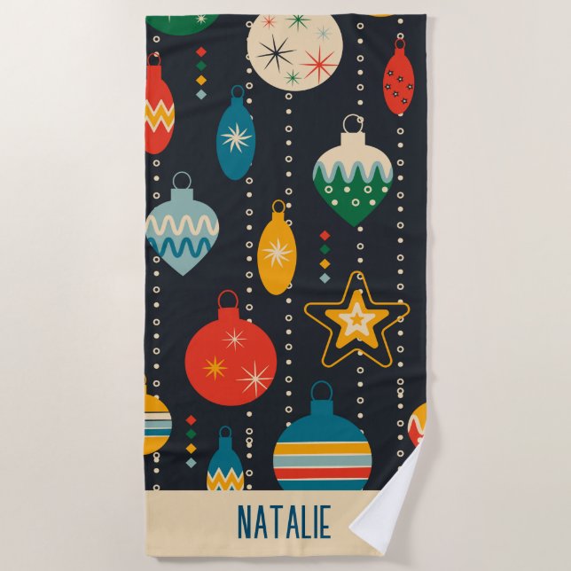 Pretty monogram ornaments Navy blue Beach Towel (Front)