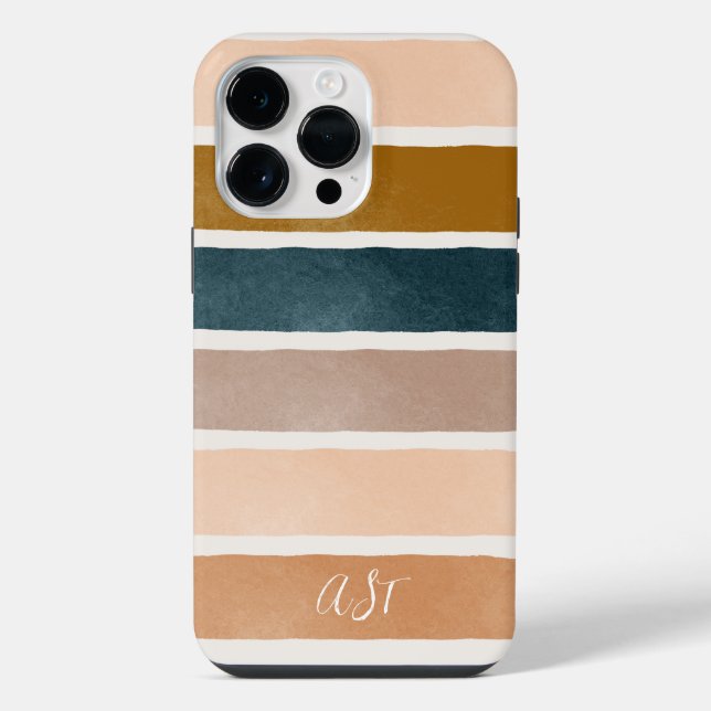 Pretty monogram painted earthy stripes initials iphone case (Back)