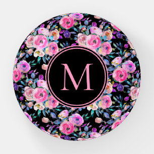 Pretty Monogram Pink Black Floral Paperweight