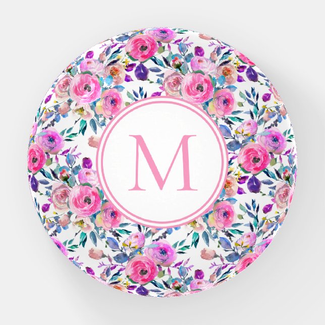 Pretty Monogram Pink Floral Paperweight (Front)