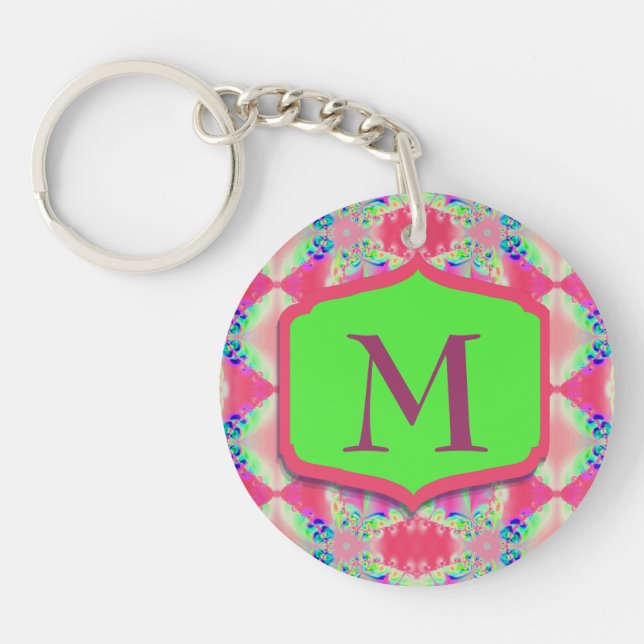 Pretty Monogram Pink Green Pattern Keychain (Front)