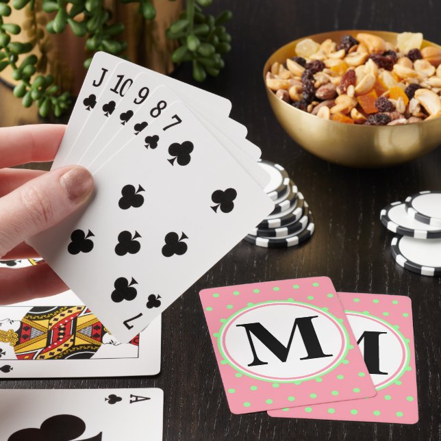 Pretty Monogram Pink Green Polka Dots  Poker Cards (In Situ)