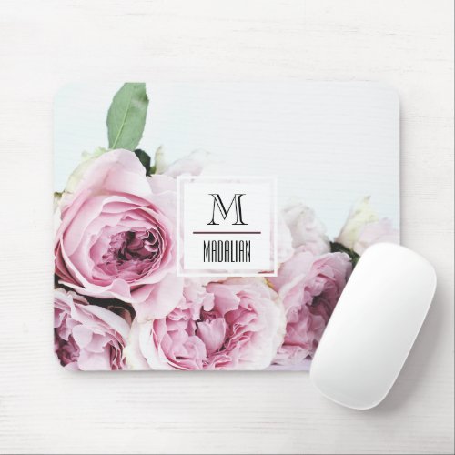 Pretty monogram pink rose initial with border  mouse pad