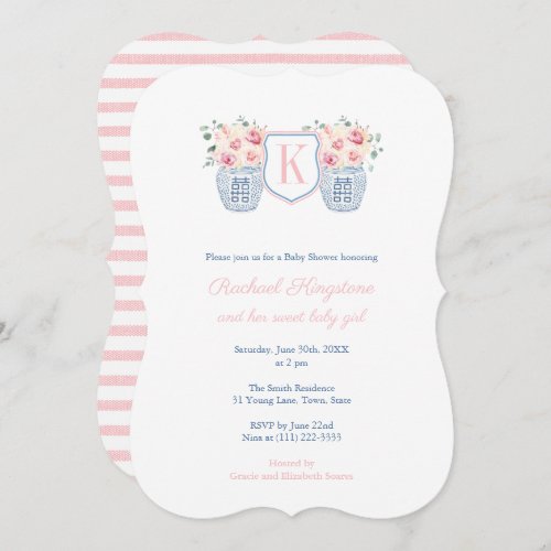 Pretty Monogram Pink Roses Little Girl Baby Shower Invitation - This pretty and feminine invitation design features a single letter monogram crest with a ginger vase of pink roses on each side. I've set the template up for a Baby Shower but all of the text fields are customizable to your needs.