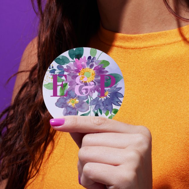 Pretty Monogram Purple Blue Floral Wedding Classic Round Sticker (Pretty Monogram Purple Blue Floral Wedding Classic Round Sticker)